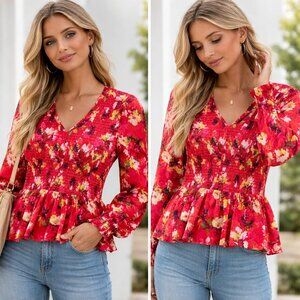 Carolina Belle Red Floral Blouse | Size Small Ruffle Sleeve, Feminine Spring Top